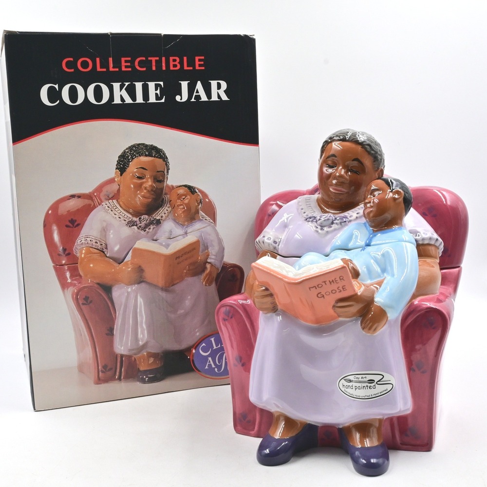 Clay Art Bedtime Story Ceramic Cookie Jar Woman Reading To Child Vintage NIB